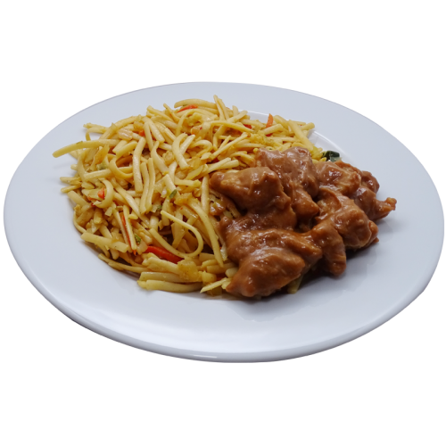 Kipsaté in satésaus Bami goreng